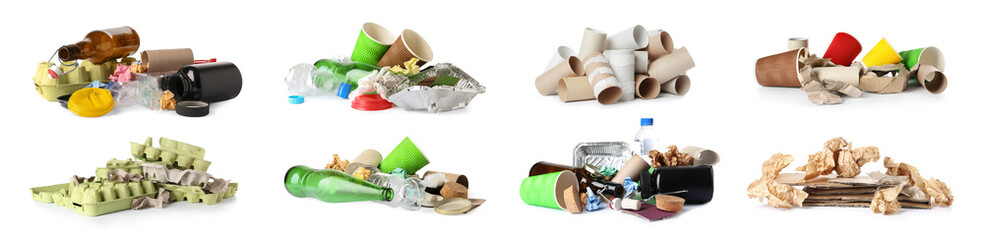 Set of piles with different garbage on white background, banner design. Waste management and...