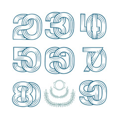 Anniversary dates 10, 20, 30, 40, 50, 60, 70, 80, 90 hand drawn symbols vectors set. Part of set.