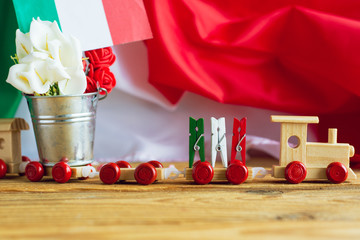 postcard with italian patriotic symbols fot  national holiday of Italy celebrate text 