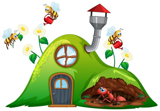 Scene with ant and bees flying over the hill house