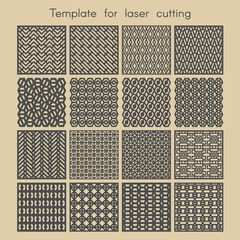 Templates for laser cutting. Big set square stencils for panels of wood, metal. Geometric pattern. Abstract background for cut. Vector illustration. Decorative cards.