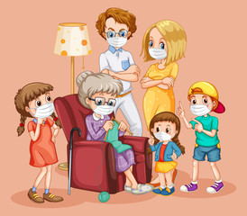 Family member cartoon character wearing mask on color background