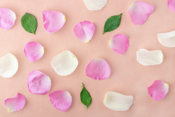 Spring flowers composition. Creative pattern of pastel rose flower petals.  Romantic background. Valentines, womens, mothers day or wedding concept. Flat lay, top view, copy space