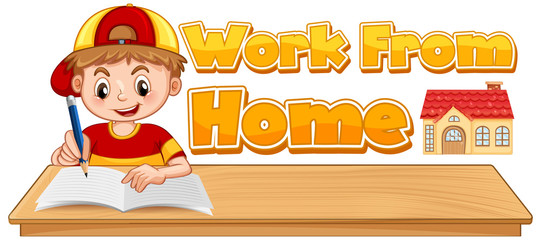 Work from home boy with writing position and WFH sign on white background