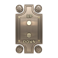 Retro metal panel with glowing elevator call buttons. Buttons up and down. Front view . 3d illustration isolated on white background. © StudioIlanP