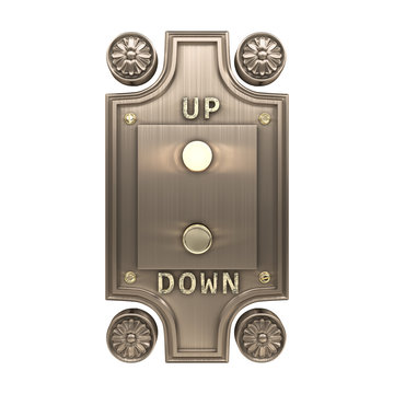 Retro metal panel with glowing elevator call buttons. Buttons up and down. Front view . 3d illustration isolated on white background.