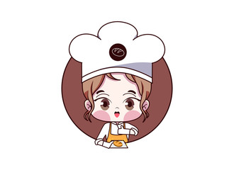 Female chef. Cute girl kawaii bakery shop logo cartoon. Baker girl with bread