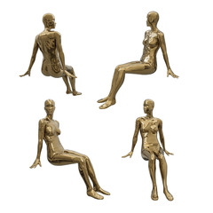 Female golden shiny mannequin in a sitting pose. The human figure. Window dressing fashion store. Front, back, side view. Set of 3d illustrations isolated on white background.
