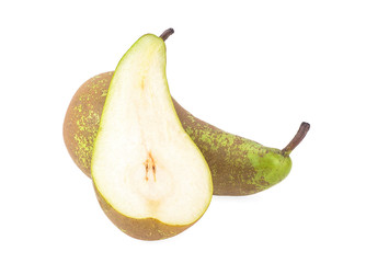 One whole and a half of yellow pear fruits isolated on a white background