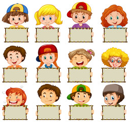 Blank sign template with happy children on white background