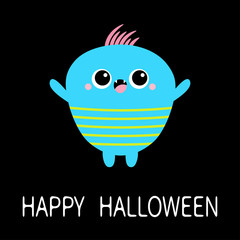 Blue monster with two eyes, fang teeth, hair. Happy Halloween. Funny Cute cartoon kawaii character. Baby collection. Flat design. Greeting card. Black background. Isolated.