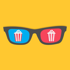 3D glasses. Popcorn box. Cinema movie night icon. Flat dsign style. Yellow background. Isolated.