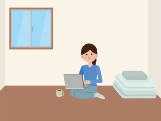 ミニマリスト　座る　女性　室内背景　イラスト　