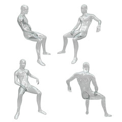 Male transparent plastic or glass figure in a sitting pose. The figure of an invisible person. Front, back, side view. Set of 3d illustrations isolated on white background.