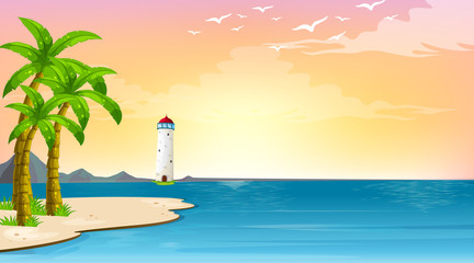 Scene with lighthouse in the middle of the ocean