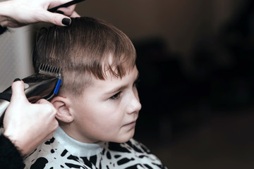 Fototapeta premium Toned image.Hairdresser makes a stylish hairstyle. The woman is standing and making haircut for blonde boy. Close up of hands.