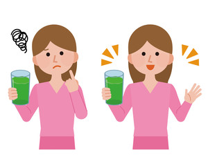 野菜ジュース　不味い　美味しい　女性　イラスト