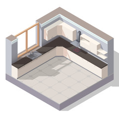 Vector isometric kitchen room. Kitchen design illustration.