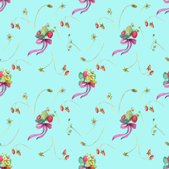 Seamless pattern of cute watercolor drawn elements: bouquets of blooming strawberries with berries, pink bows on a blue background. A wonderful print for clothes, packaging, stationery