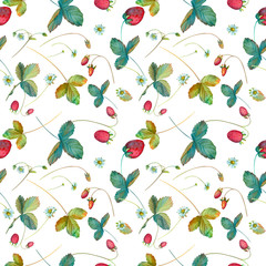 Seamless pattern of isolated watercolor elements: wild berries, flowers and leaves. Beautiful natural print for decorating vegan products, prints and wrapping paper