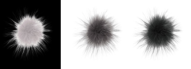 Set of soft pompons. Fluffy black, white and gray balls of fur isolated on a black and white background. Decor, rabbit tail, handmade. © StudioIlanP