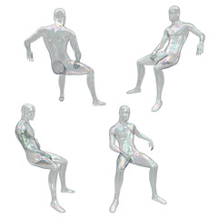 The figure of an invisible person. Male multi-colored transparent plastic or glass figure in a sitting pose. Front, back, side view. 3d illustrations isolated on white background.