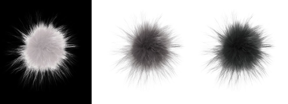 Set of soft pompons. Fluffy black, white and gray balls of fur isolated on a black and white background. Decor, rabbit tail, handmade.
