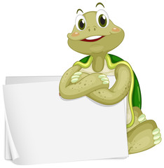 Blank sign template with green turtle on white background