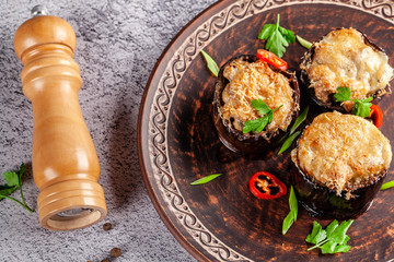 Arabian cuisine. Turkish eggplant dish with chicken and cheese. Background image. copy space