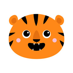 Tiger roaring yawing face icon. Open mouth fang. Cute cartoon kawaii funny baby animal character. Childish print for nursery, kids apparel, poster. Jungle cat roar. Flat design. White background
