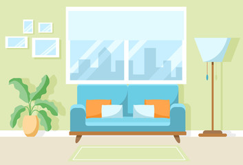 Interior of the green living room. The design of a cozy room with a blue sofa, Lamp, plant,  and window has a city view. Vector illustration flat graphic design with nobody for banner, and background.