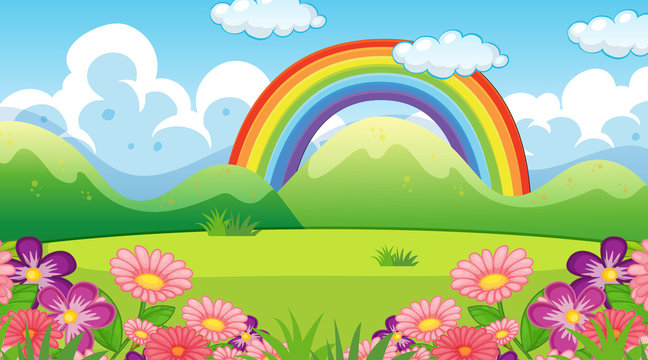 Nature scene background with rainbow and flowers in garden