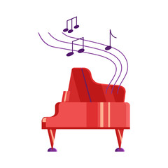 Red piano and musical notes on white background