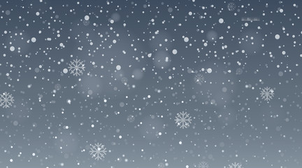 Background design template with snow falling in gray sky