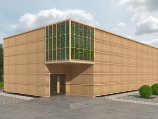 Fototapeta na wymiar Modern building of a rectangular shape with flat roof. Facade with a glass entrance doors and wooden battens walls. Copy space. Place for logo or banner. 3D rendering.
