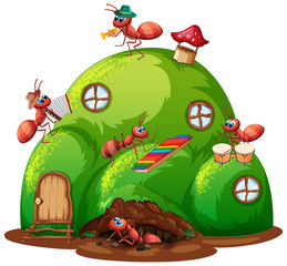 Naklejka premium Insect house full of ants playing music on white background