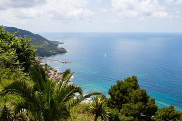 Panoramic view of the city of Castellabate, in Cilento, from the Belvedere of San Costabile, view of the coast and the Mediterranean Sea.