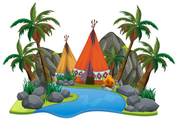 Scene with teepee by the river on white background © GraphicsRF