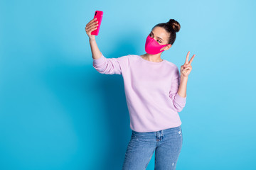 Photo of pretty attractive lady keep social distance people hold telephone making selfies online...