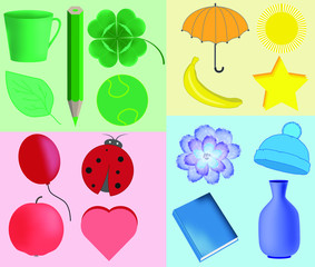 Blue, yellow, green, red objects. Color illustration.