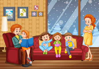 Happy family stay at home during winter