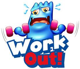 Font design for word work out with monster doing exercise