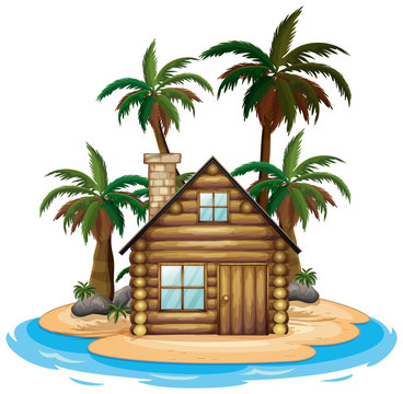 Scene with wooden hut on the beach on white background