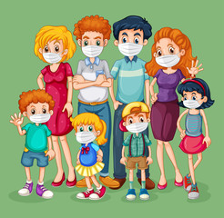 Group of family member characters wearing mask