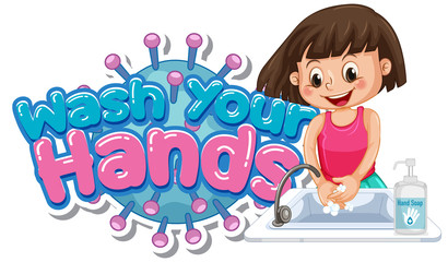 Wash your hands poster design with girl washing hands