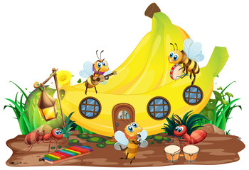 Naklejka premium Insect musical band playing in front of banana house