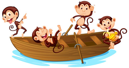 Four monkey playing on the boat
