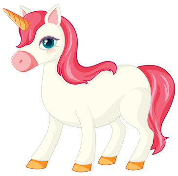 Cute pink unicorn in normal standing position on white background