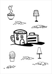 
graphic black and white image of a lamp. set of elements. vector