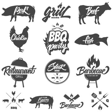 Barbecue and grill restaurant logo and labels! Typographical design,hand lettering farm animals,grill menu,steak house,BBQ party! 